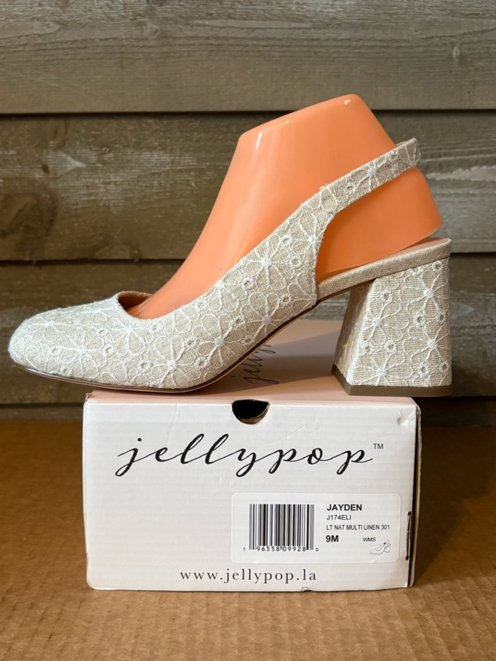 Jellypop Jayden Ivory Linen Lace Slingback Block Heel Size 9